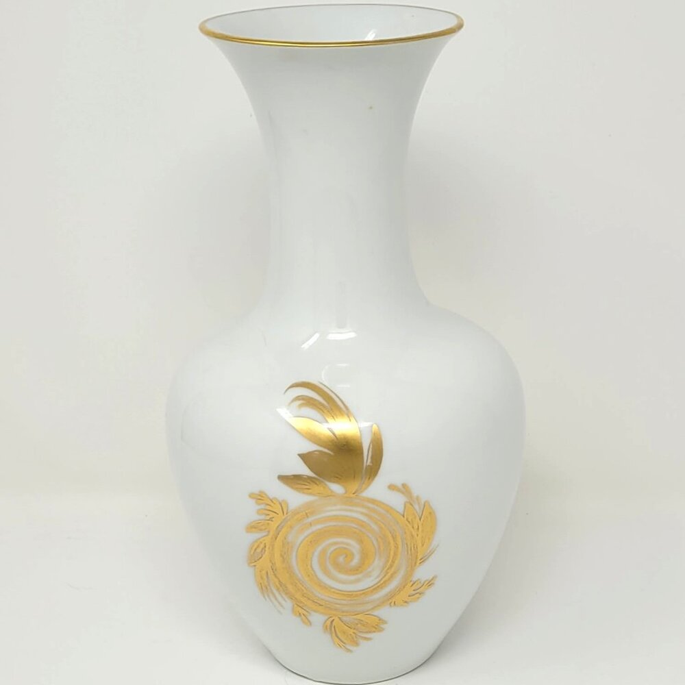 Vintage 1960s Hutschenreuther Germany White Gold Motif & Rim Vase Backstamp 10"